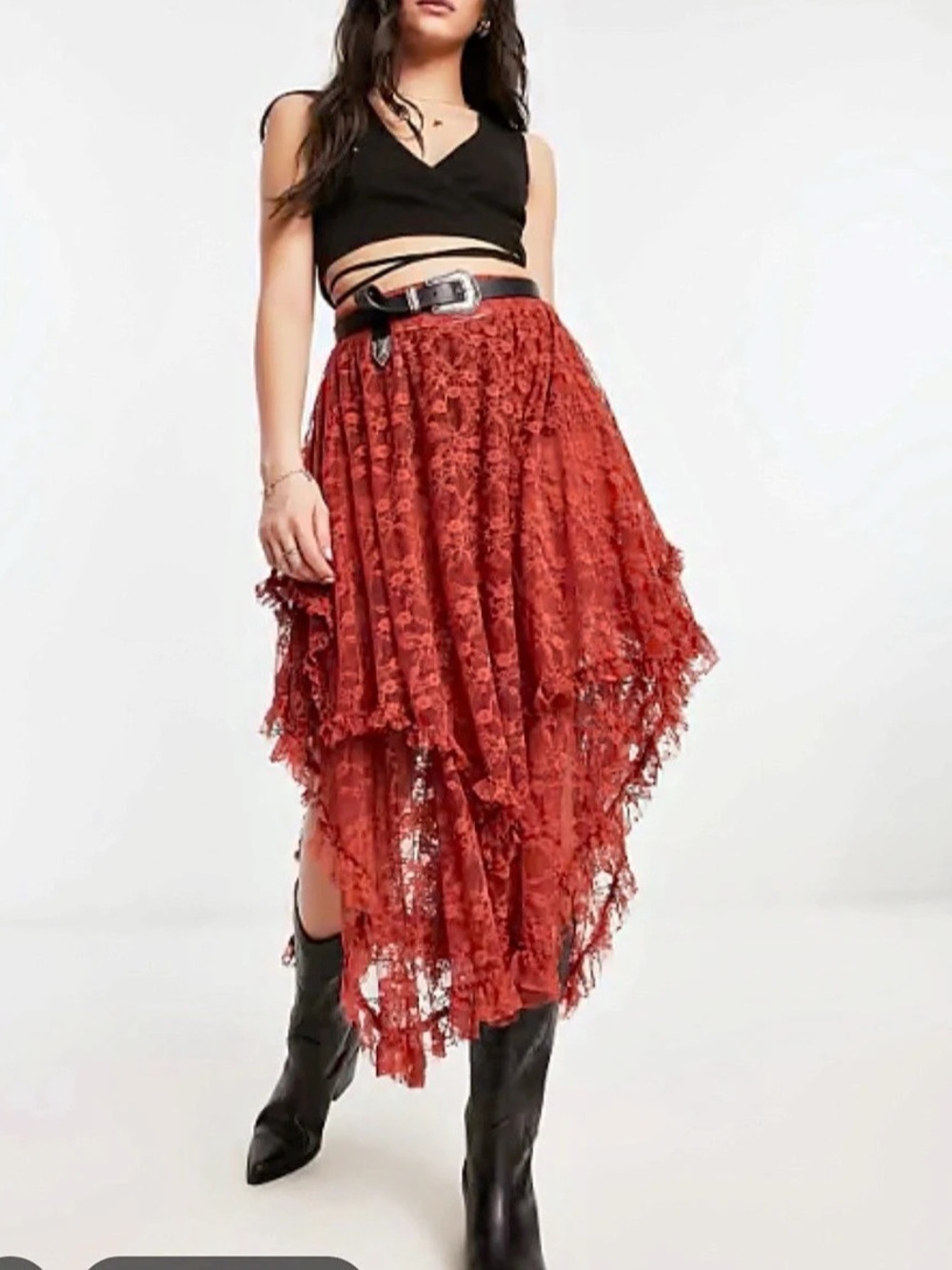 Free People Floral Lace Asymmetrical Skirt in Red Like New